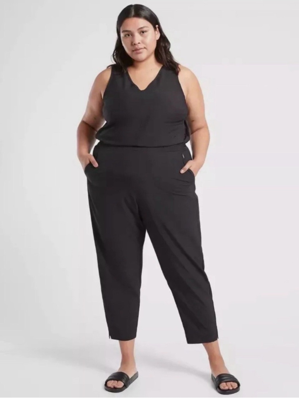 Athleta Brooklyn Jumpsuit Black Size 24 Wide Leg Stretch Travel Career Pockets - Picture 1 of 10